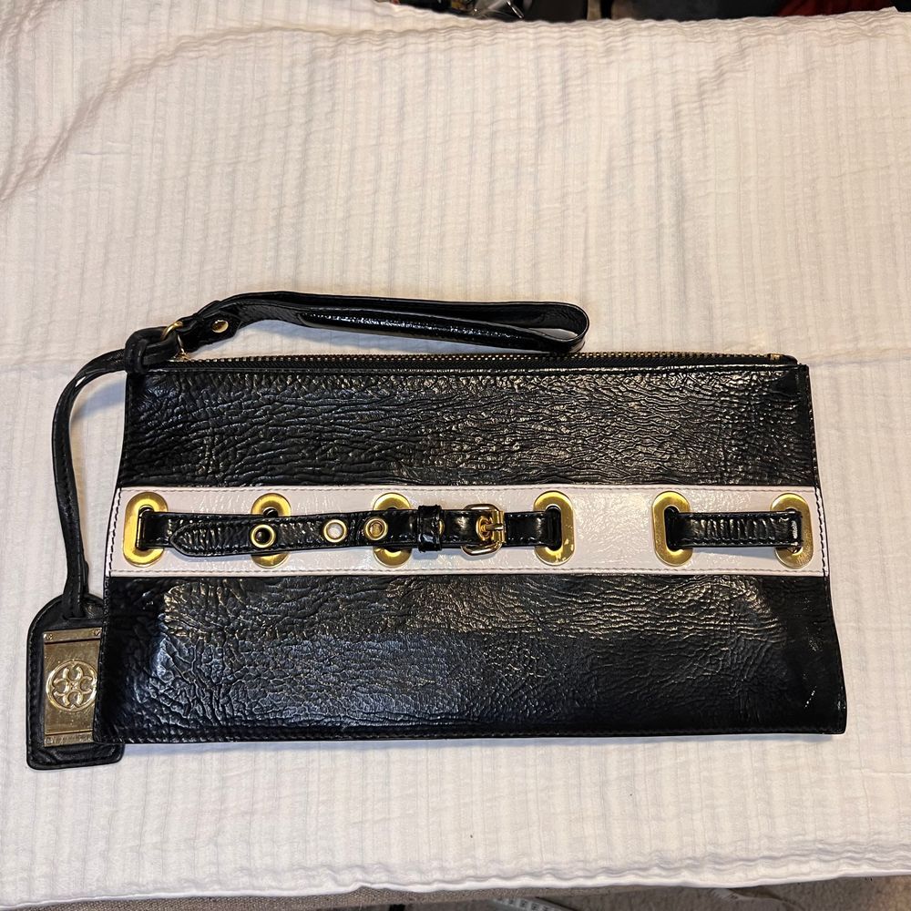 Carlisle Black &‎ White Patent Leather Clutch w/Gold Hardware and Buckle Detail